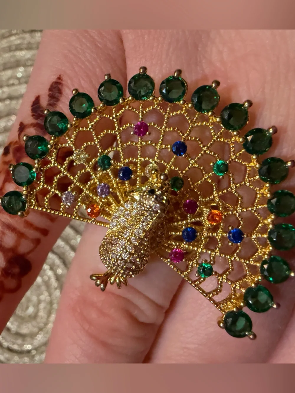 Gold Tone Peacock Statement Ring Rhinestone Crystal Adjustable Open Band Colors